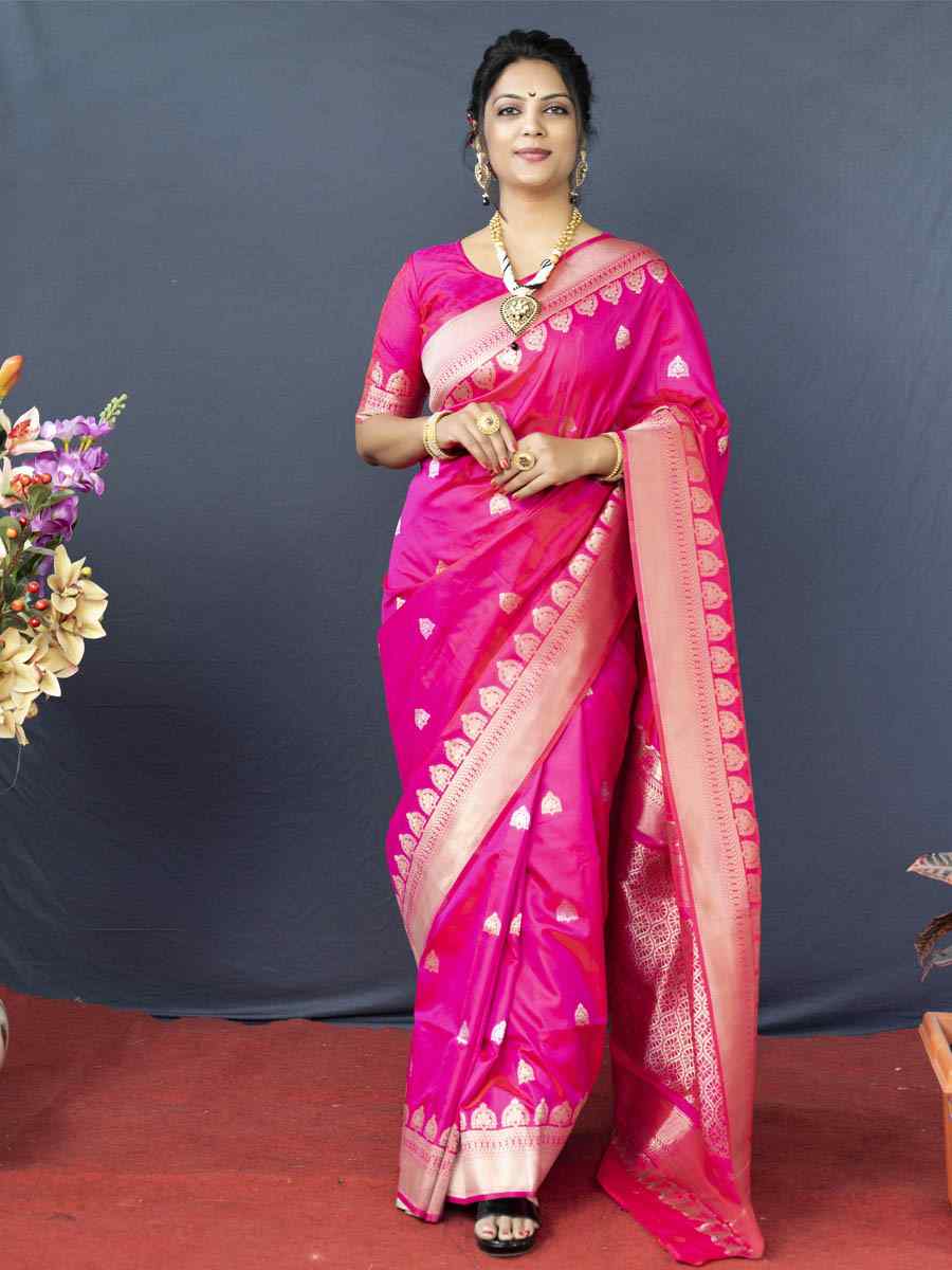 Pink Pure Banarasi Silk Handwoven Wedding Festival Heavy Border Saree