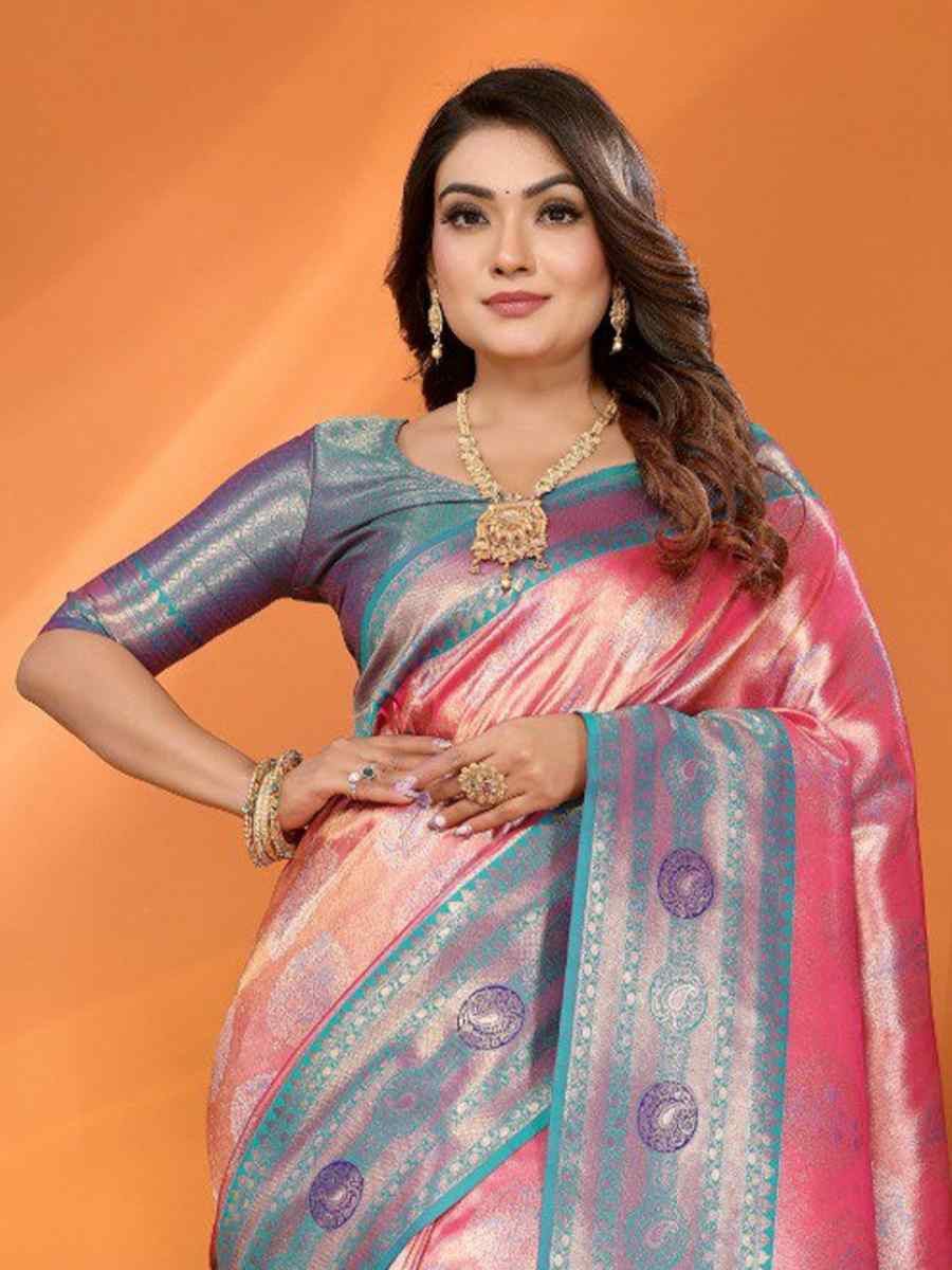 Pink Pure Banarasi Tissue Silk Handwoven Festival Wedding Fancy Heavy Border Saree