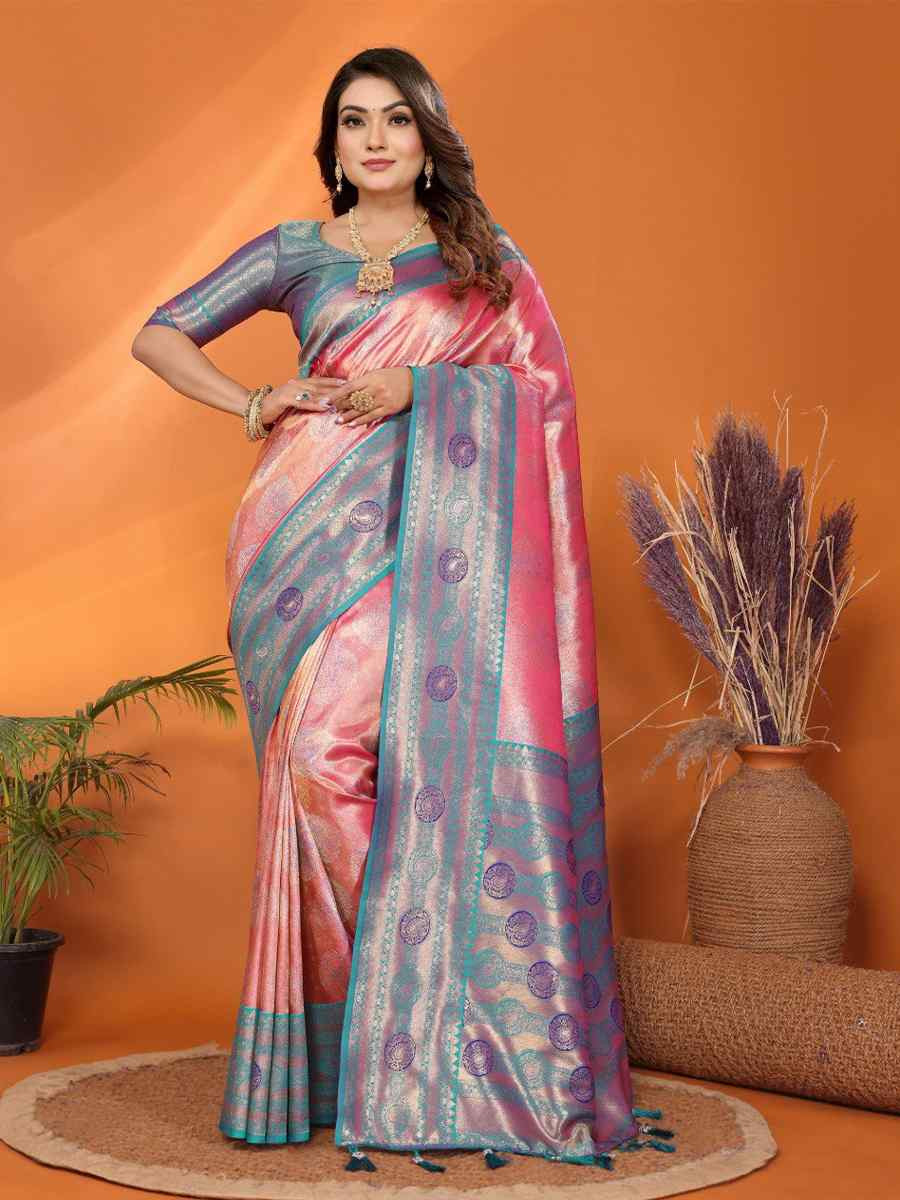Pink Pure Banarasi Tissue Silk Handwoven Festival Wedding Fancy Heavy Border Saree