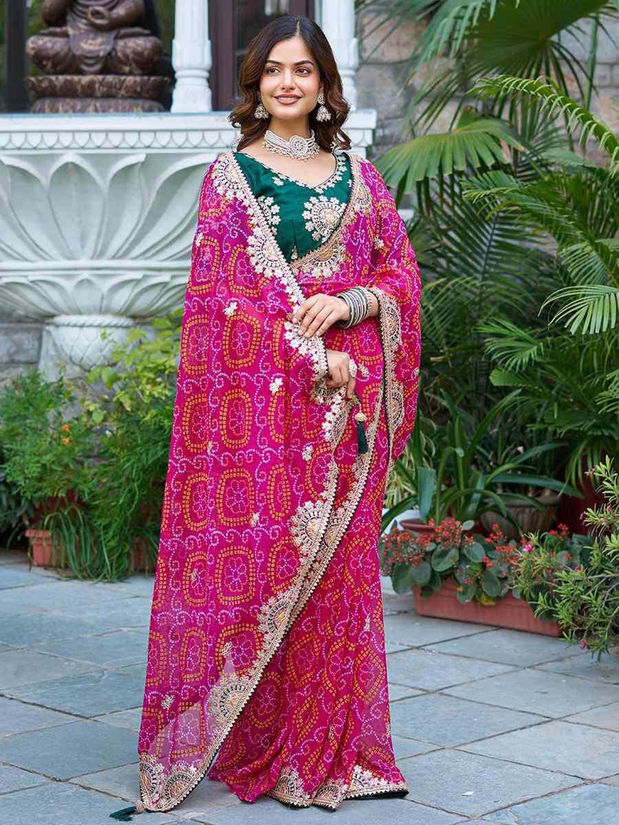 Pink Pure Bandhej Silk Embroidered Festival Wedding Fancy Heavy Border Saree