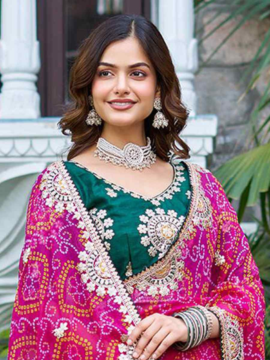 Pink Pure Bandhej Silk Embroidered Festival Wedding Fancy Heavy Border Saree