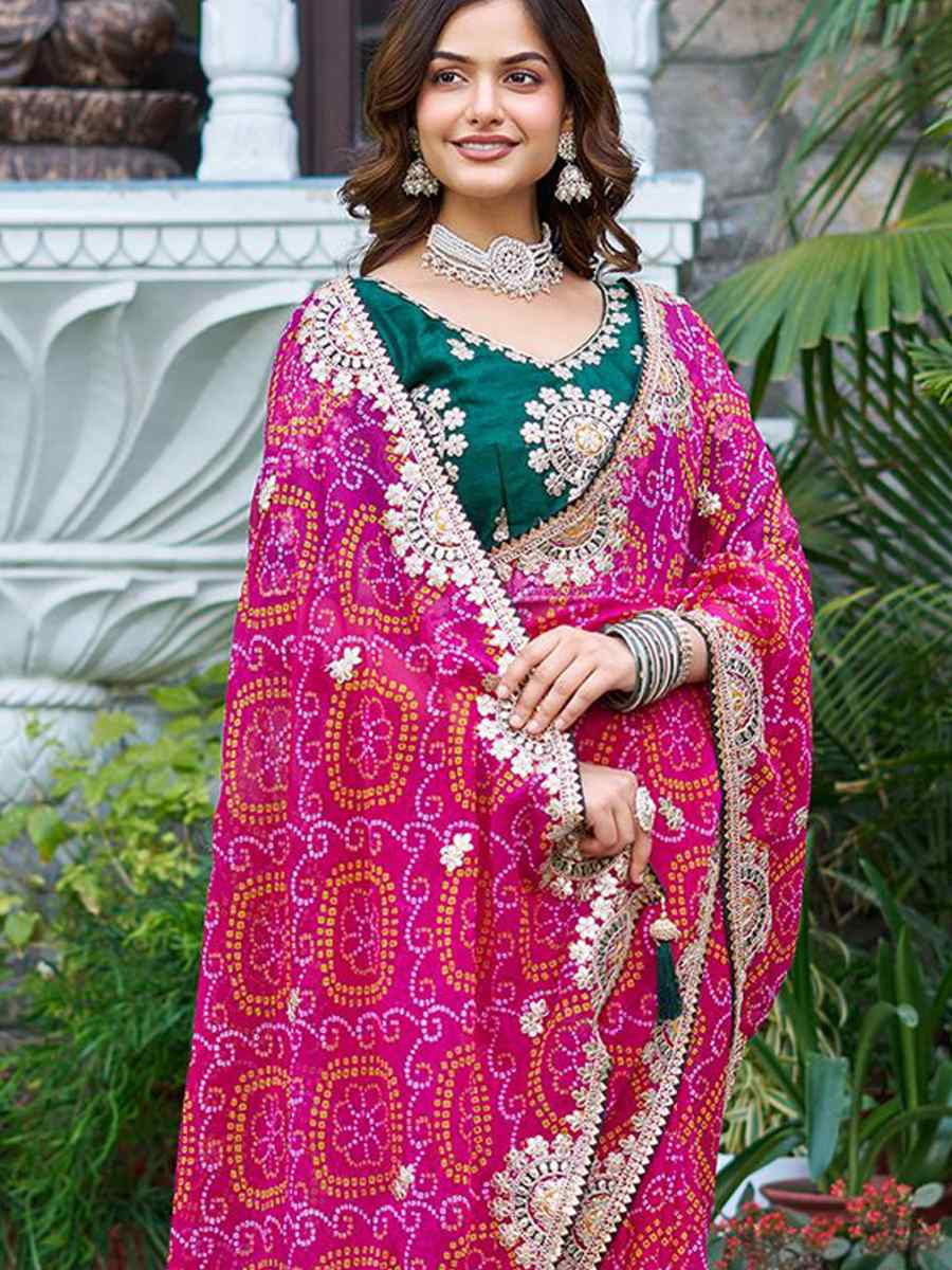 Pink Pure Bandhej Silk Embroidered Festival Wedding Fancy Heavy Border Saree