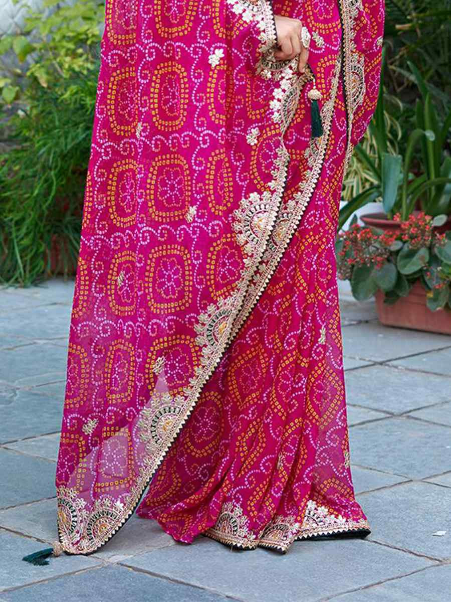 Pink Pure Bandhej Silk Embroidered Festival Wedding Fancy Heavy Border Saree