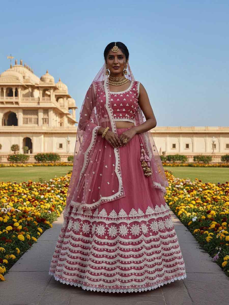 Pink Pure Butterfly Net Embroidery Wedding Reception Festival Heavy Border Lehenga Choli