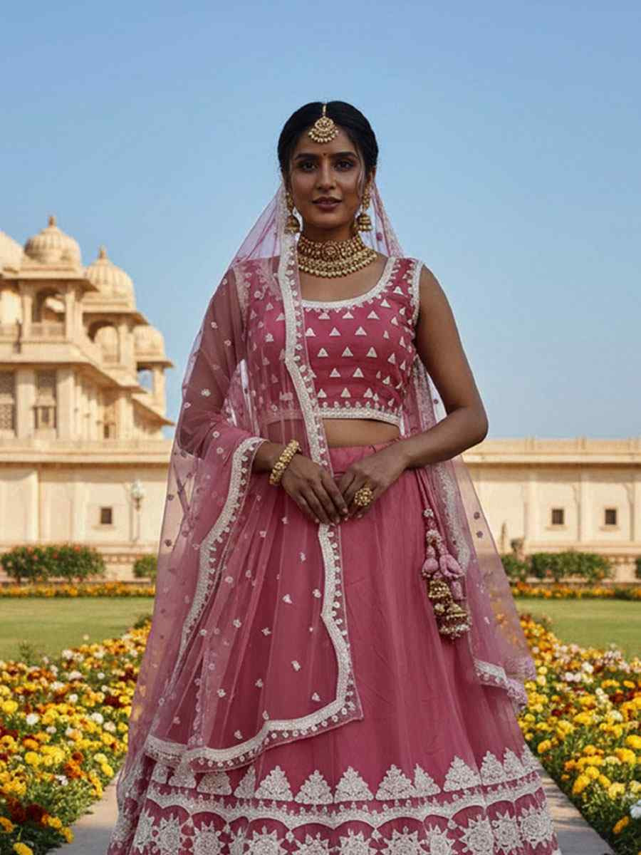 Pink Pure Butterfly Net Embroidery Wedding Reception Festival Heavy Border Lehenga Choli