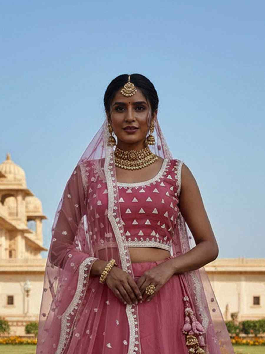 Pink Pure Butterfly Net Embroidery Wedding Reception Festival Heavy Border Lehenga Choli