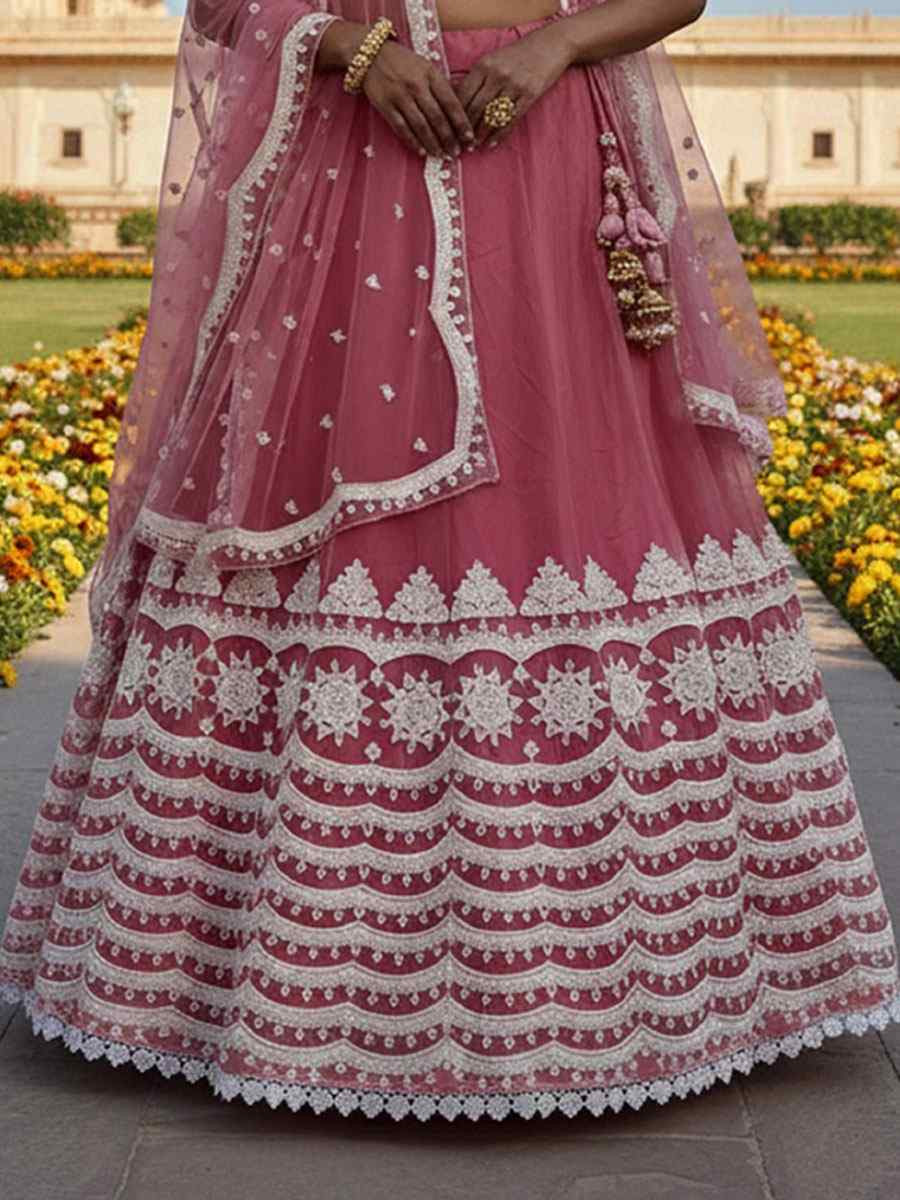 Pink Pure Butterfly Net Embroidery Wedding Reception Festival Heavy Border Lehenga Choli