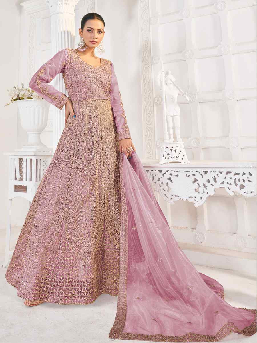 Pink Pure Butterfly twill Net Embroidered Festival Casual Anarkali Salwar Kameez