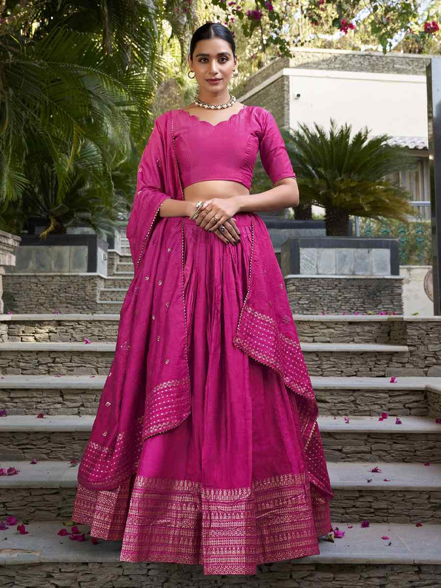 Pink Pure Chanderi Embroidery Wedding Reception Festival Heavy Border Lehenga Choli