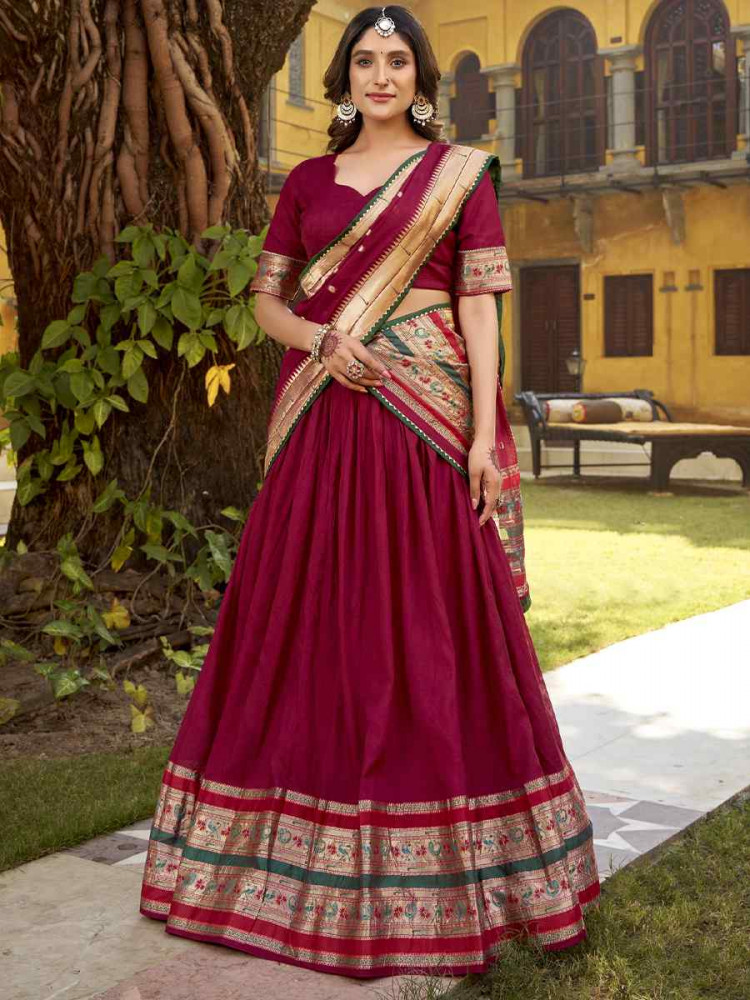 Image of Pink Pure Chanderi Zari Handwoven Wedding Reception Festival Heavy Border Lehenga Choli