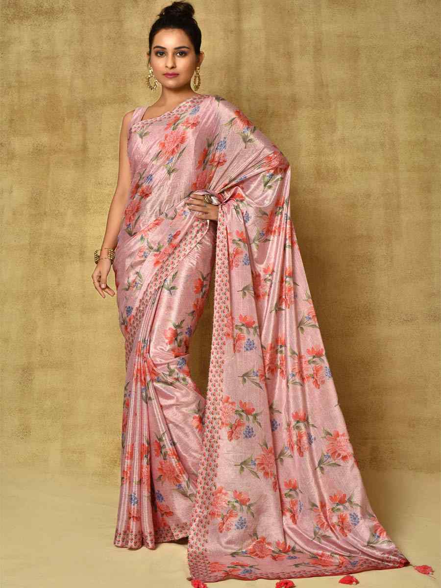Pink Pure Chinon Printed Party Festival Contemporary Saree