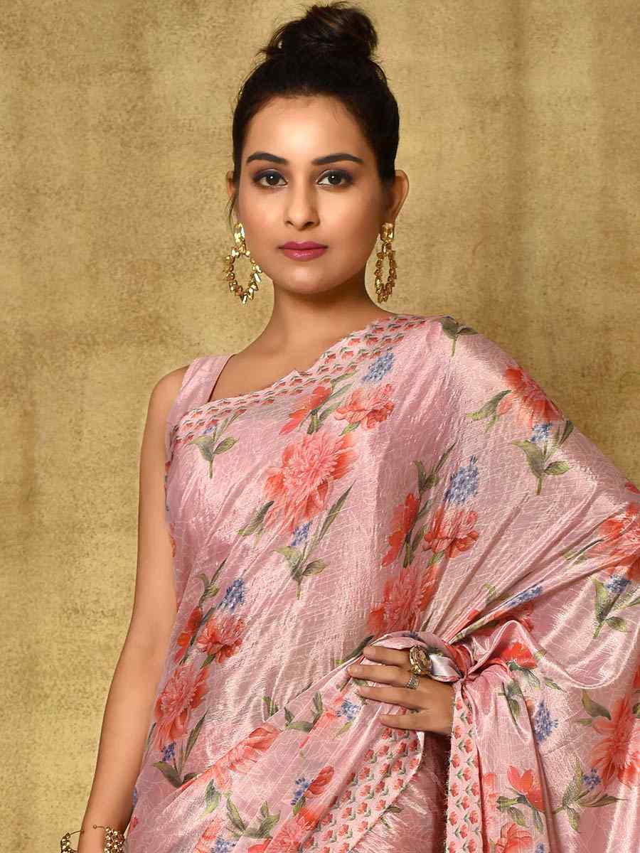 Pink Pure Chinon Printed Party Festival Contemporary Saree