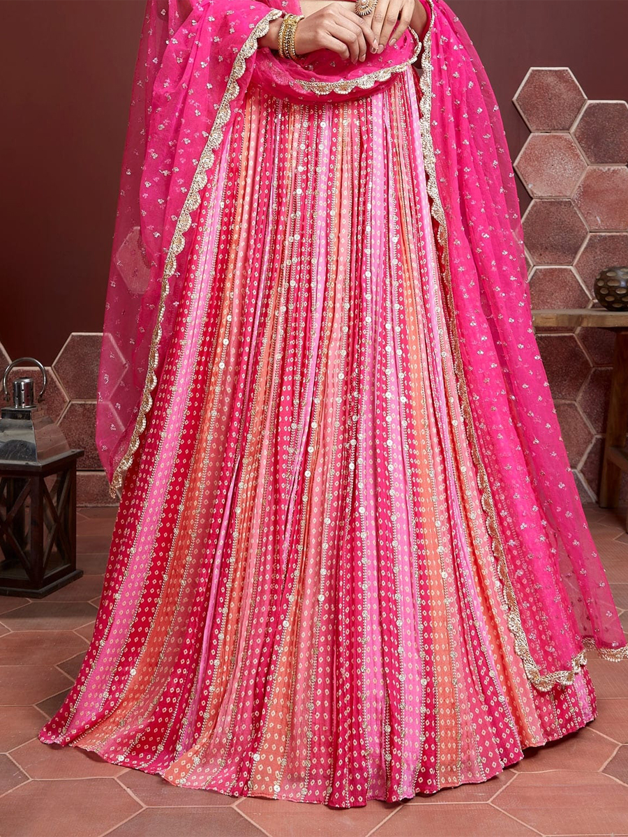 Pink Pure Chinon Silk Embroidered Bridesmaid Wedding Heavy Border Lehenga Choli