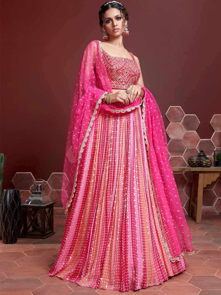 Pink Pure Chinon Silk Embroidered Bridesmaid Wedding Heavy Border Lehenga Choli