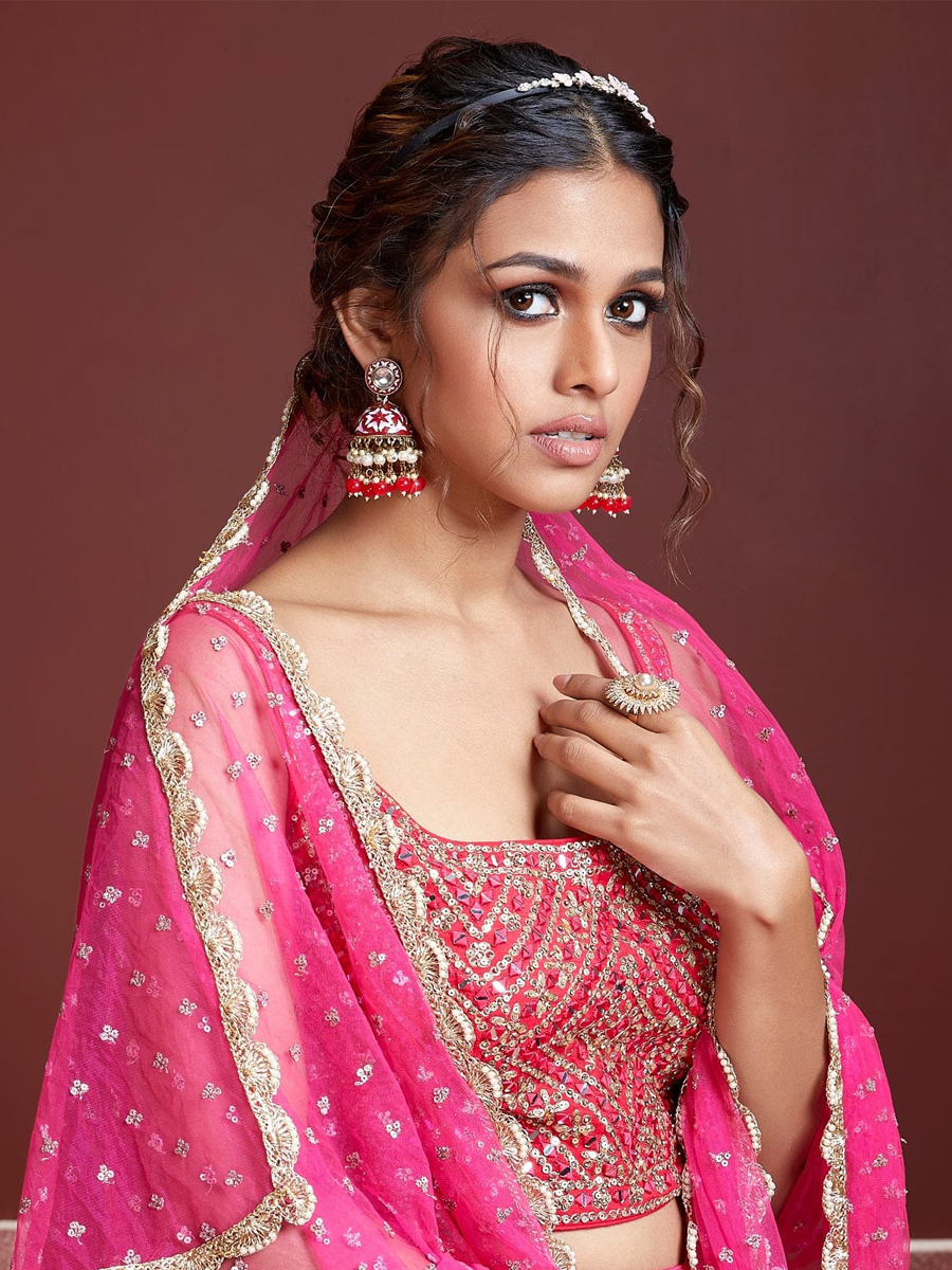 Pink Pure Chinon Silk Embroidered Bridesmaid Wedding Heavy Border Lehenga Choli