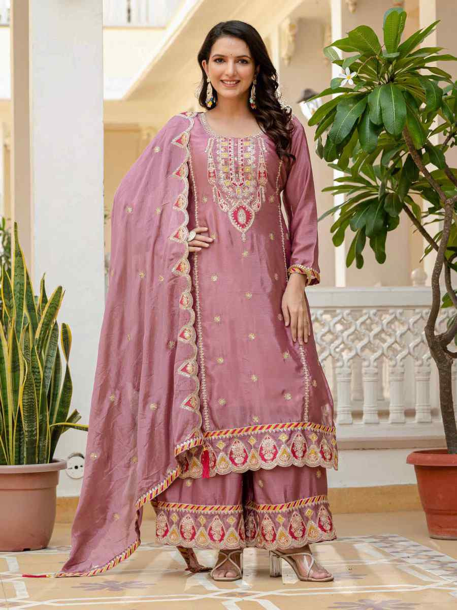 Pink Pure Chinon Silk Embroidery Party Wedding Festival Casual Ready Palazzo Pant Salwar Kameez