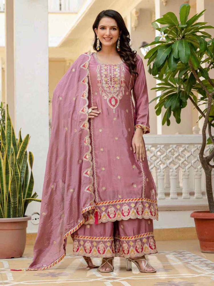 Image of Pink Pure Chinon Silk Embroidery Party Wedding Festival Casual Ready Palazzo Pant Salwar Kameez