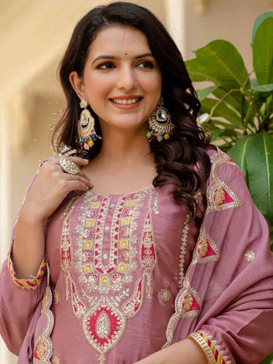 Pink Pure Chinon Silk Embroidery Party Wedding Festival Casual Ready Palazzo Pant Salwar Kameez