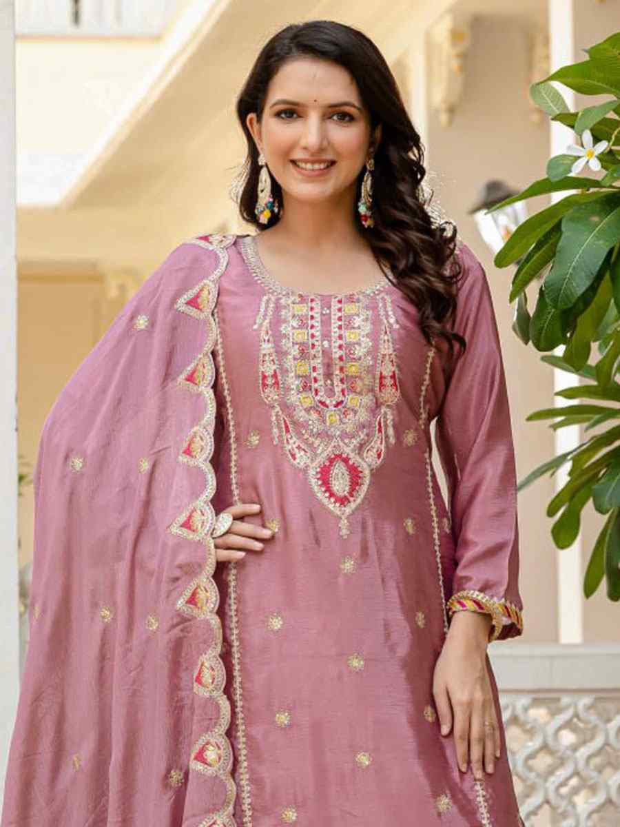 Pink Pure Chinon Silk Embroidery Party Wedding Festival Casual Ready Palazzo Pant Salwar Kameez