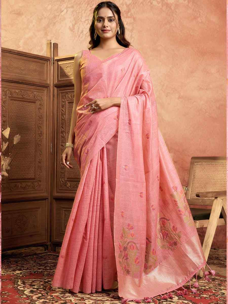 Pink Pure Cotton Handwoven Festival Wedding Fancy Heavy Border Saree