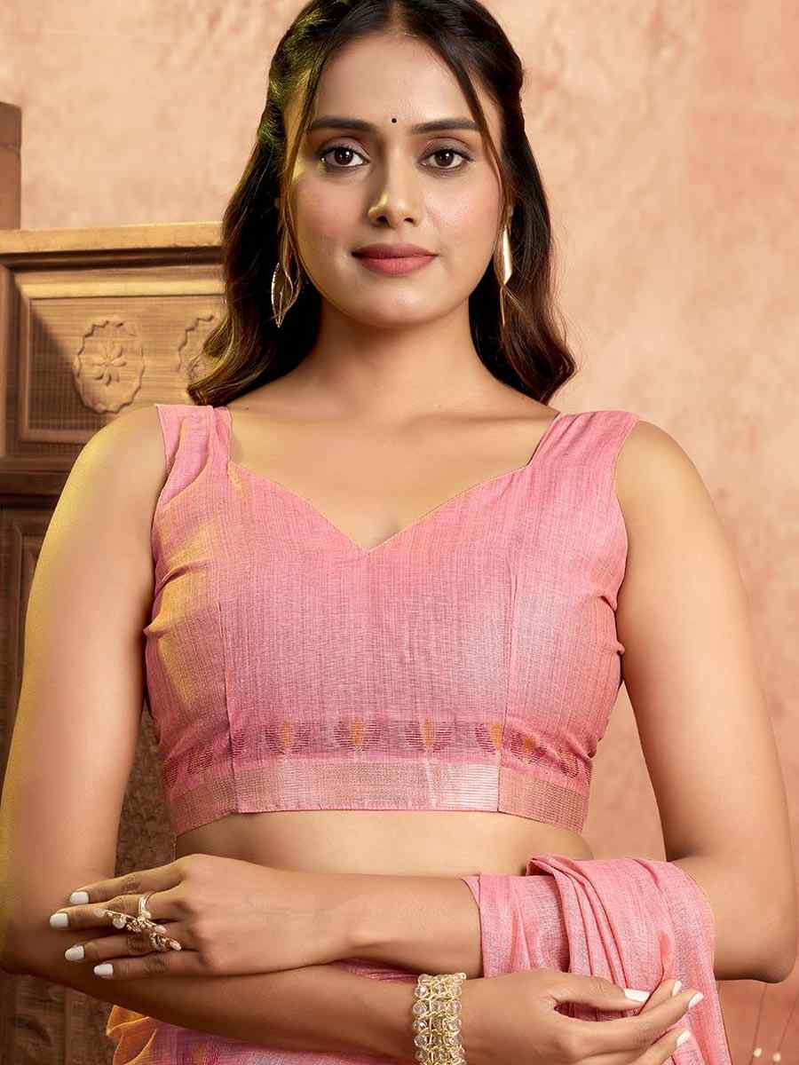 Pink Pure Cotton Handwoven Festival Wedding Fancy Heavy Border Saree