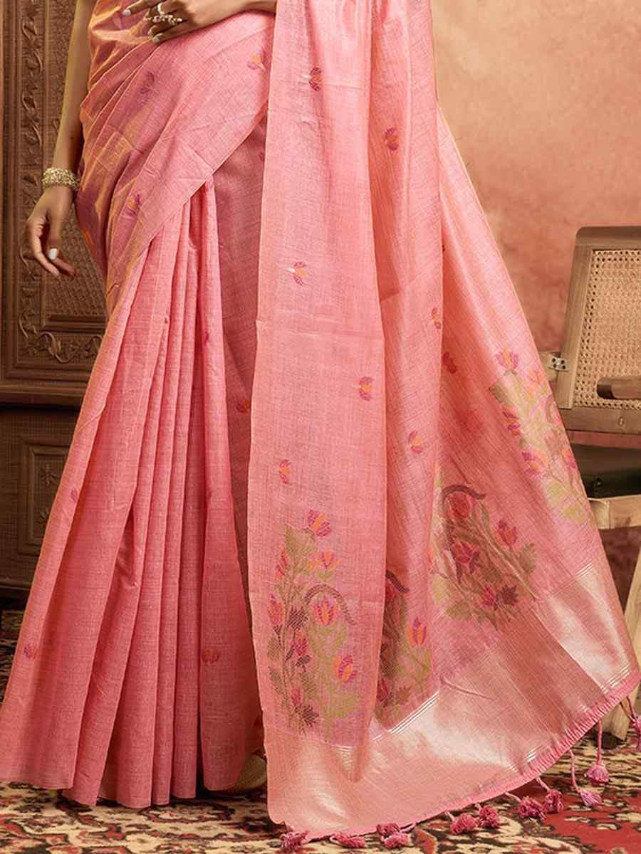 Pink Pure Cotton Handwoven Festival Wedding Fancy Heavy Border Saree
