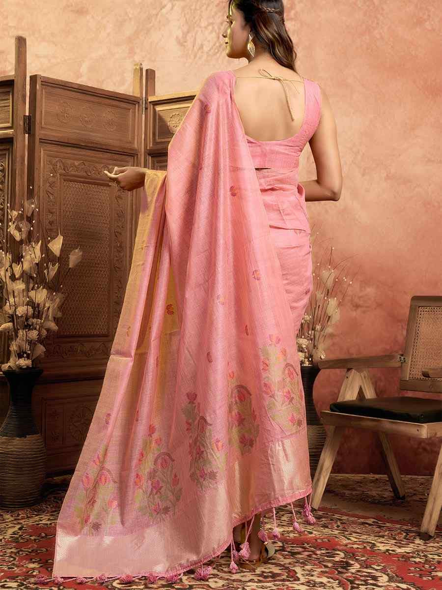 Pink Pure Cotton Handwoven Festival Wedding Fancy Heavy Border Saree