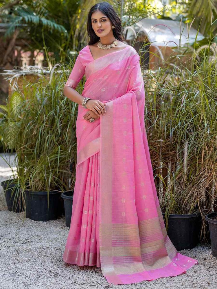 Pink Pure Cotton Handwoven Wedding Festival Heavy Border Saree