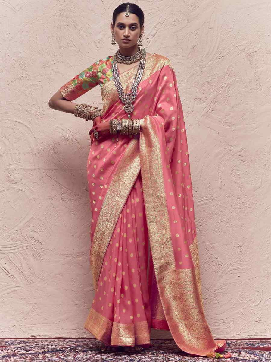 Pink Pure Crepe Dola Silk Handwoven Wedding Festival Heavy Border Saree