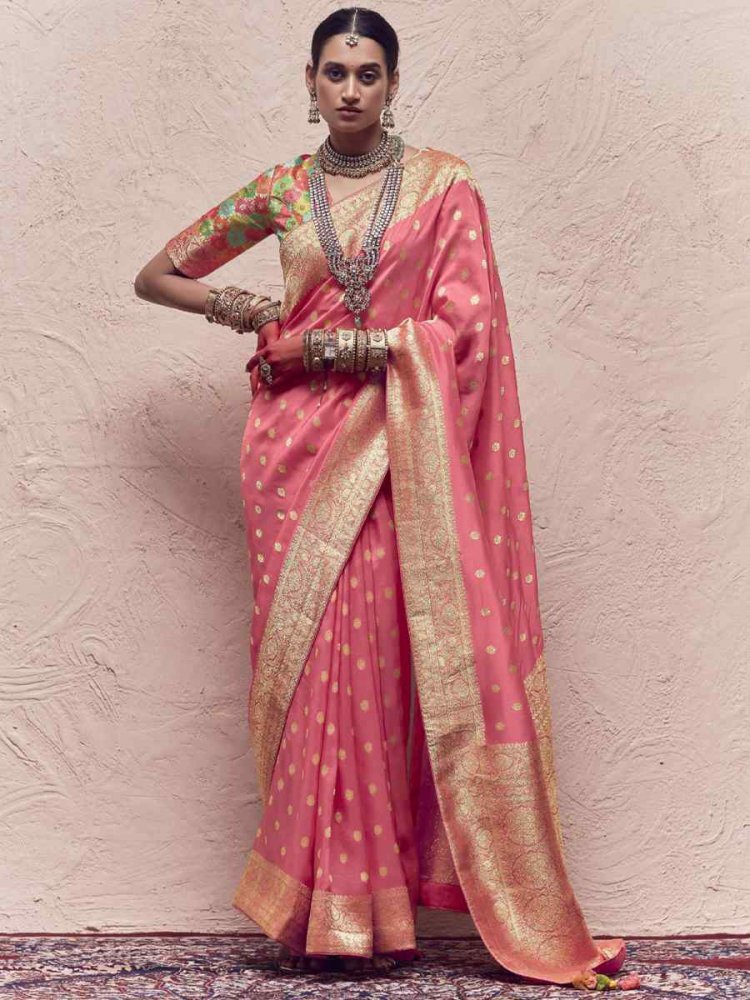 Pink Pure Crepe Dola Silk Handwoven Wedding Festival Heavy Border Saree