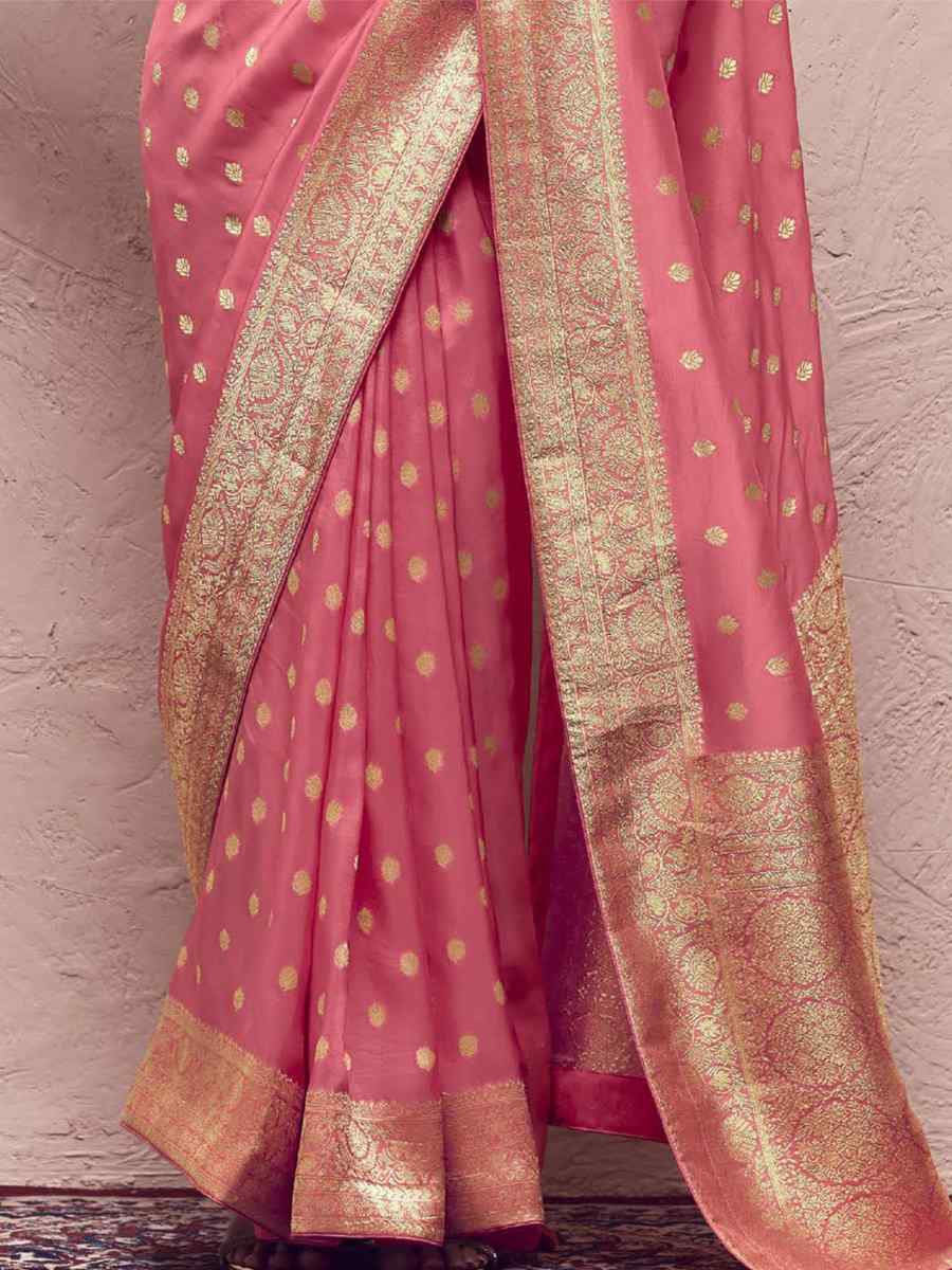 Pink Pure Crepe Dola Silk Handwoven Wedding Festival Heavy Border Saree