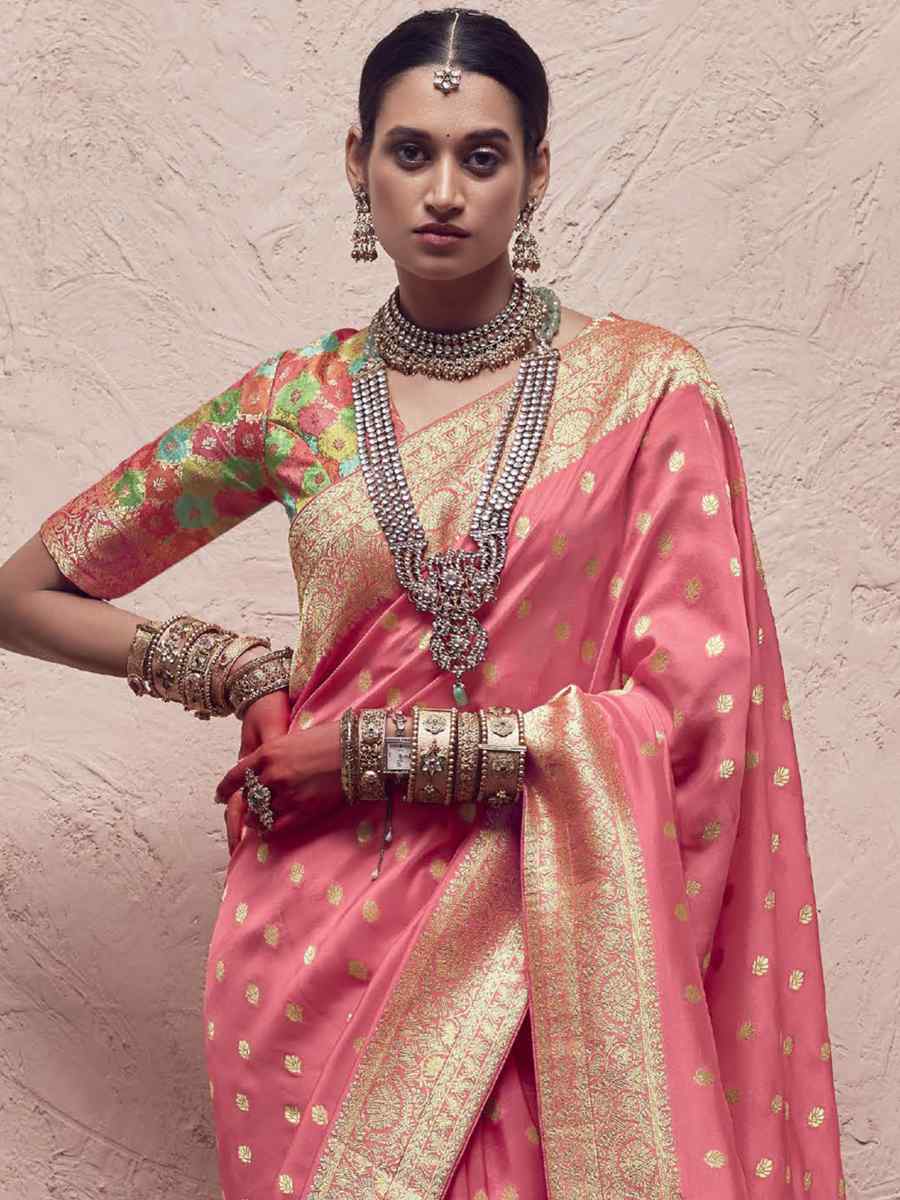 Pink Pure Crepe Dola Silk Handwoven Wedding Festival Heavy Border Saree