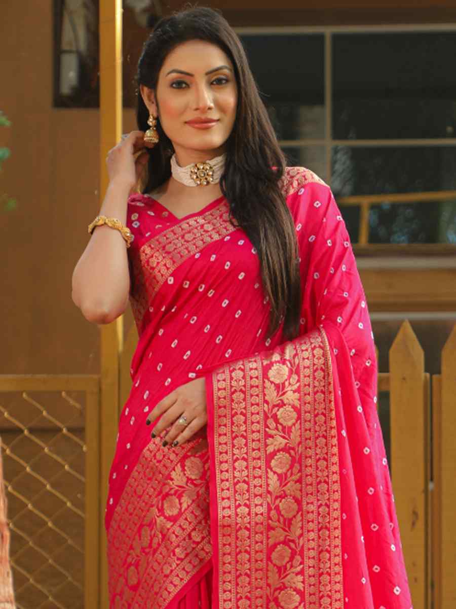 Pink Pure Dola Bandhej Silk Handwoven Festival Wedding Heavy Border Saree