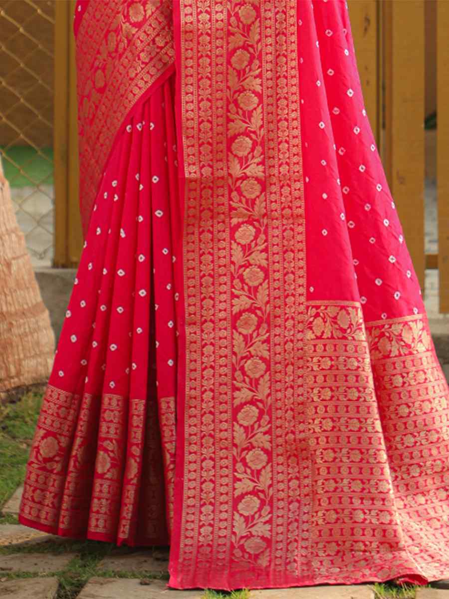 Pink Pure Dola Bandhej Silk Handwoven Festival Wedding Heavy Border Saree