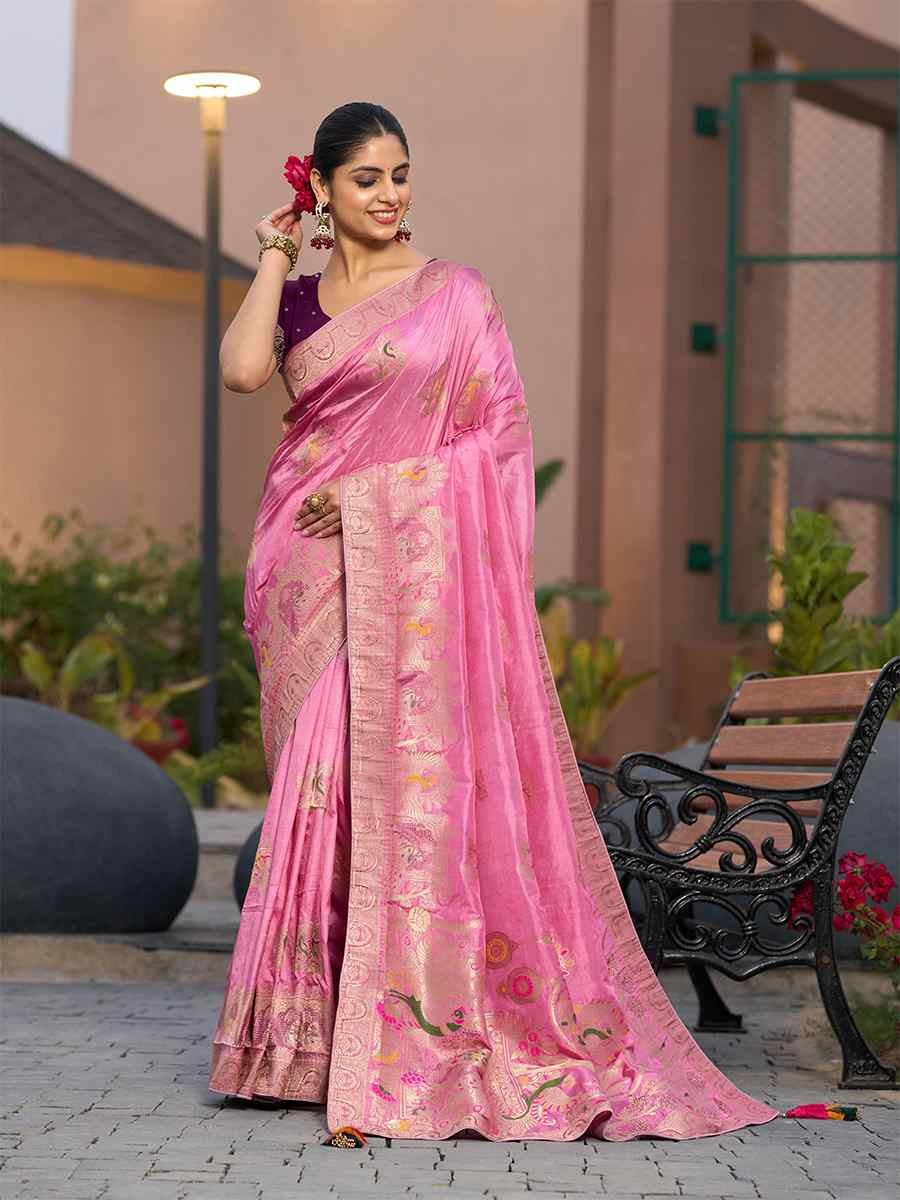 Pink Pure Dola Silk Handwoven Festival Wedding Fancy Heavy Border Saree