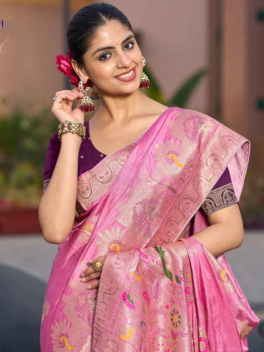 Pink Pure Dola Silk Handwoven Festival Wedding Fancy Heavy Border Saree