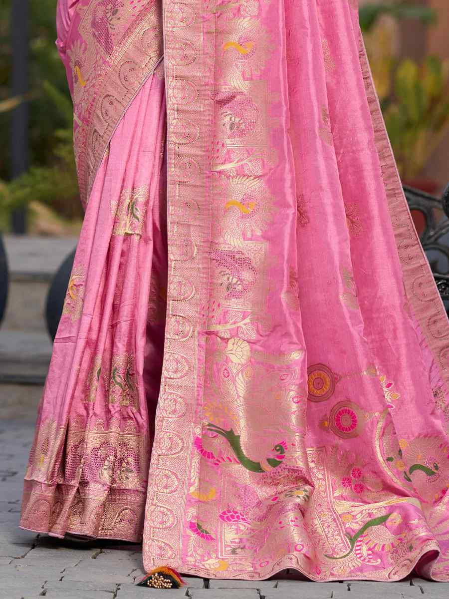 Pink Pure Dola Silk Handwoven Festival Wedding Fancy Heavy Border Saree