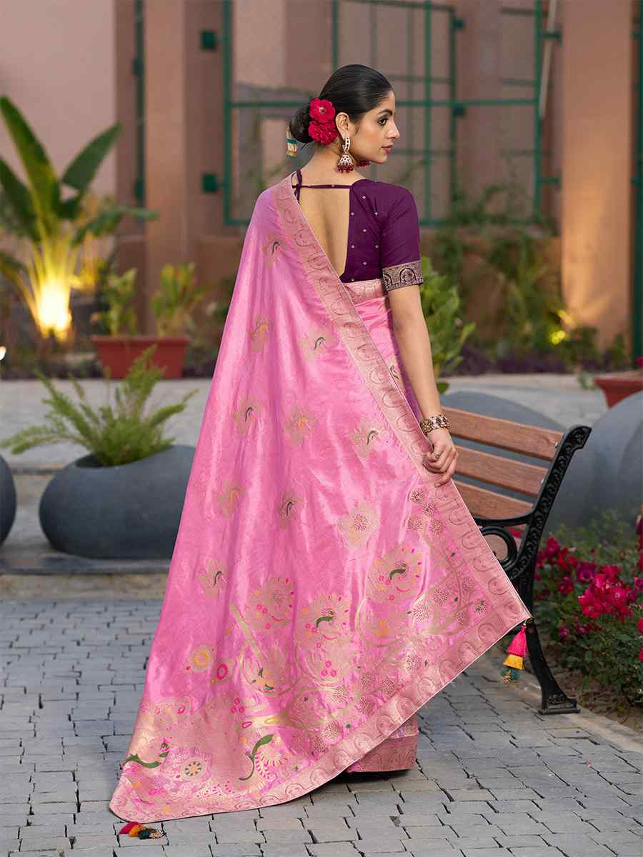 Pink Pure Dola Silk Handwoven Festival Wedding Fancy Heavy Border Saree