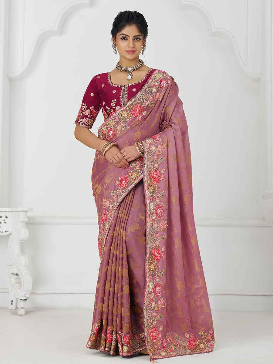 Pink Pure Dola Viscouse Silk Embroidered Festival Wedding Fancy Heavy Border Saree