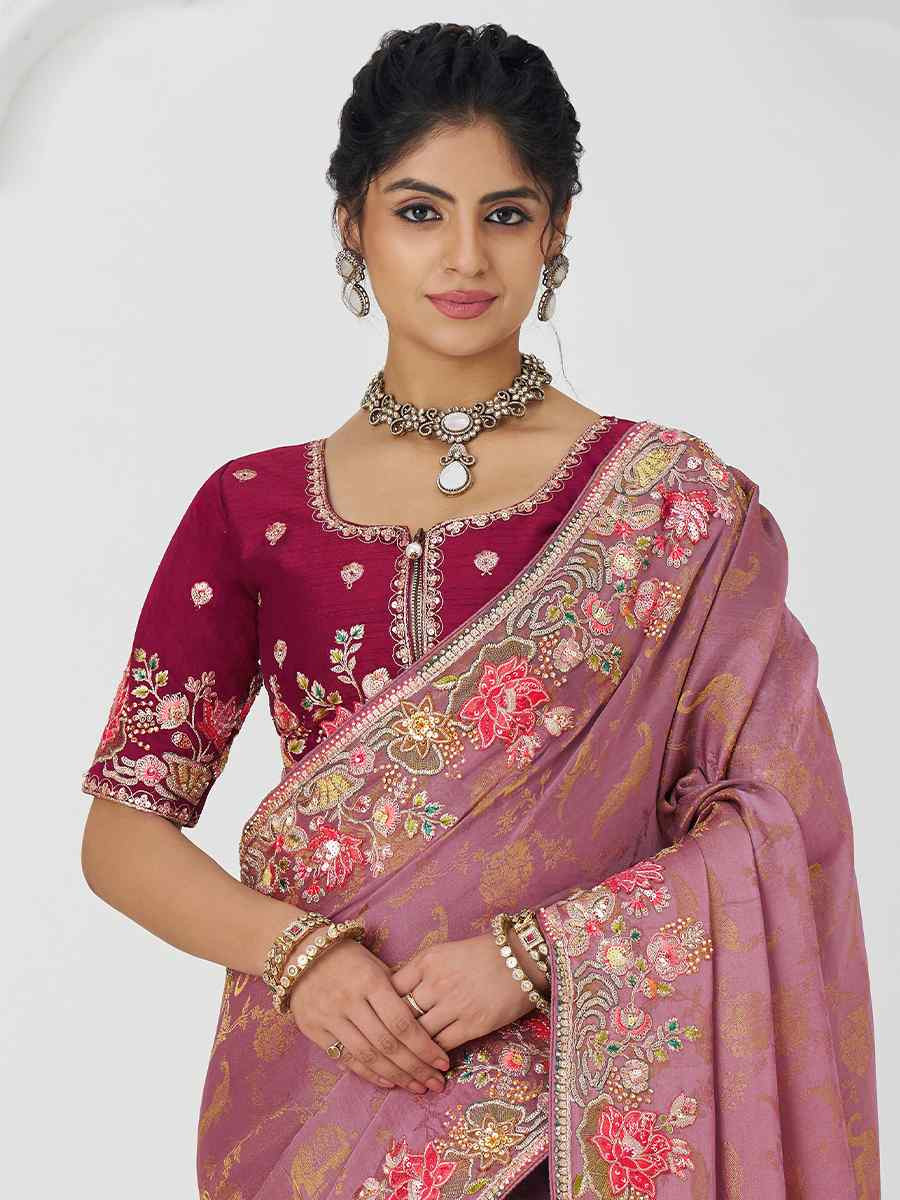 Pink Pure Dola Viscouse Silk Embroidered Festival Wedding Fancy Heavy Border Saree