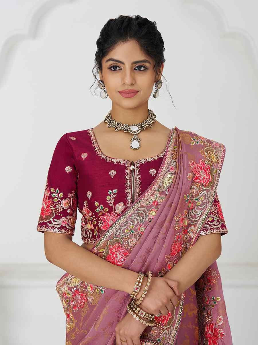 Pink Pure Dola Viscouse Silk Embroidered Festival Wedding Fancy Heavy Border Saree