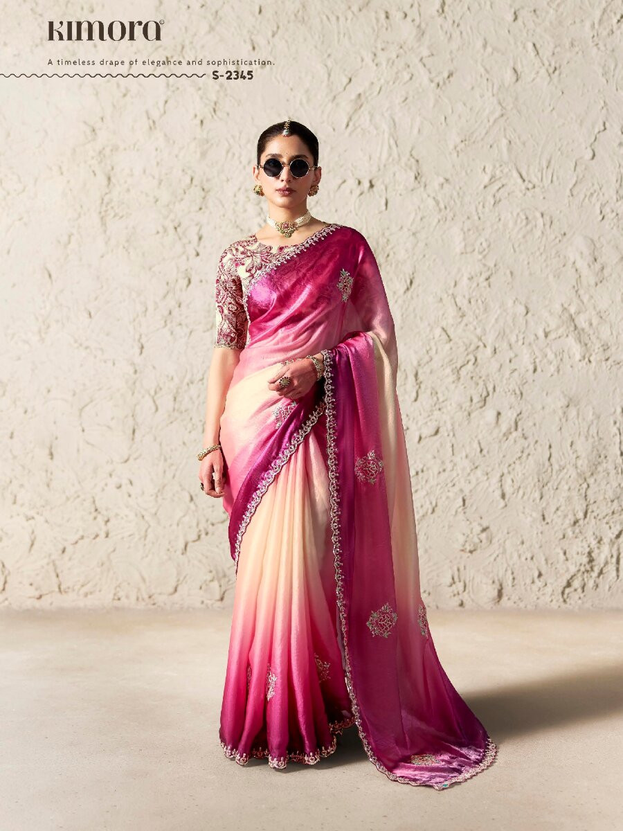 Pink Pure Fancy Tissue Silk Zari Sequins Wedding Reception Party Festival Heavy Border Sarees