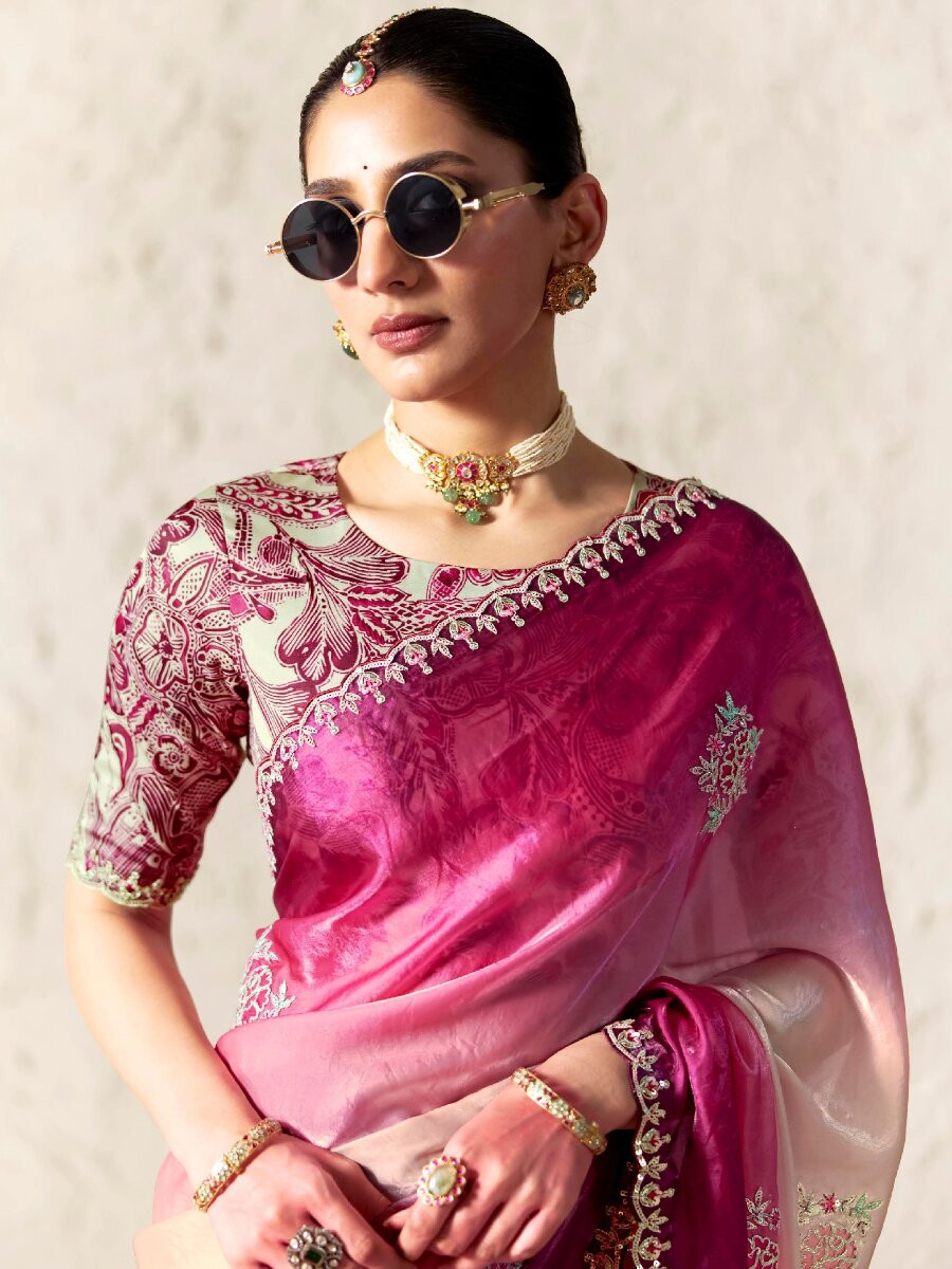 Pink Pure Fancy Tissue Silk Zari Sequins Wedding Reception Party Festival Heavy Border Sarees