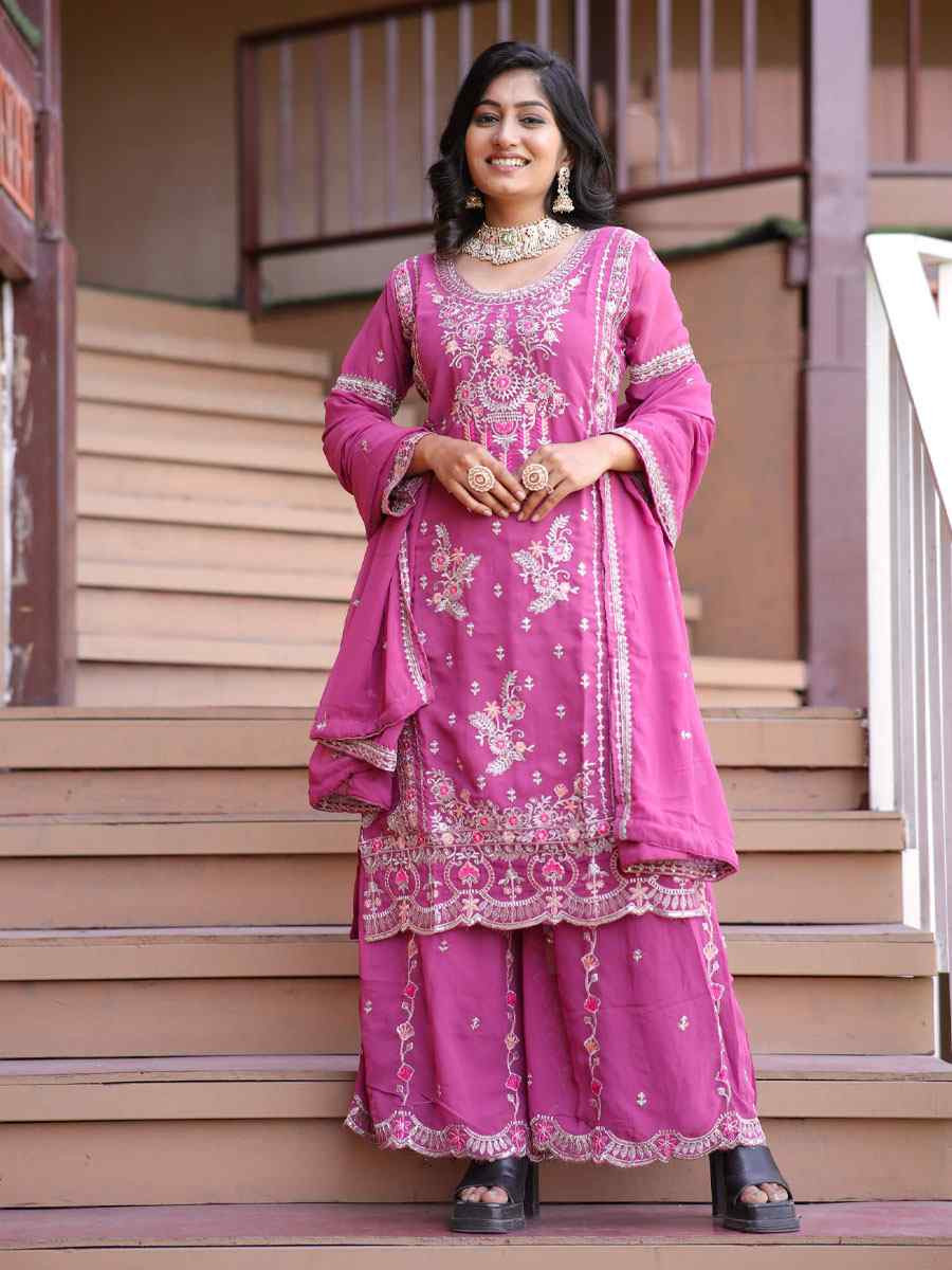 Pink Pure Faux Georgette Silk Embroidery Party Wedding Festival Casual Ready Palazzo Pant Salwar Kameez