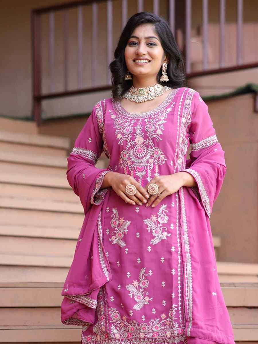Pink Pure Faux Georgette Silk Embroidery Party Wedding Festival Casual Ready Palazzo Pant Salwar Kameez