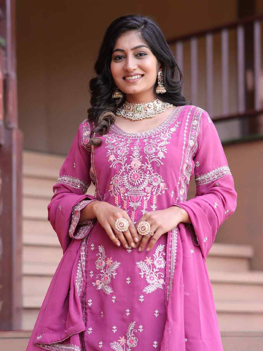 Pink Pure Faux Georgette Silk Embroidery Party Wedding Festival Casual Ready Palazzo Pant Salwar Kameez