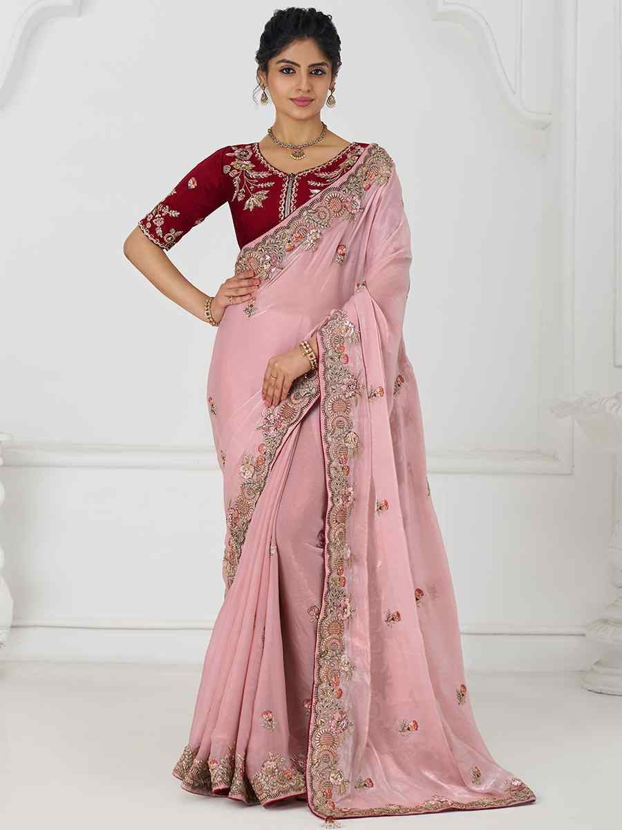 Pink Pure Fendi Silk Embroidered Festival Wedding Fancy Heavy Border Saree