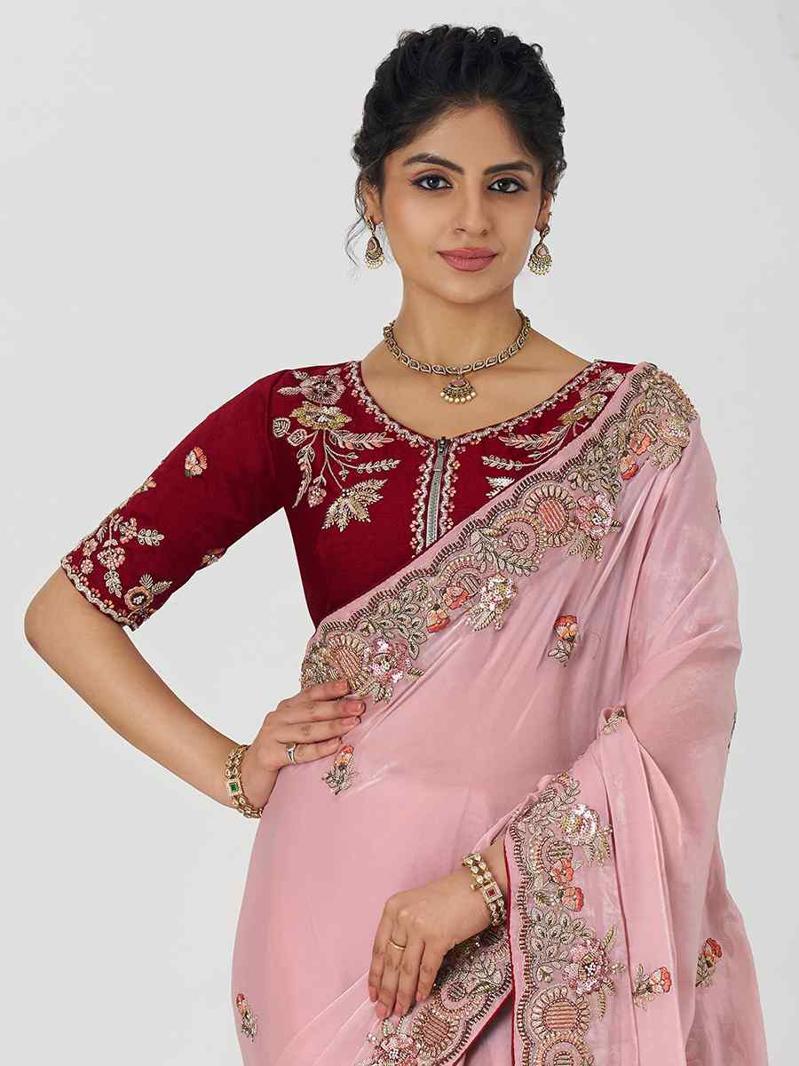 Pink Pure Fendi Silk Embroidered Festival Wedding Fancy Heavy Border Saree