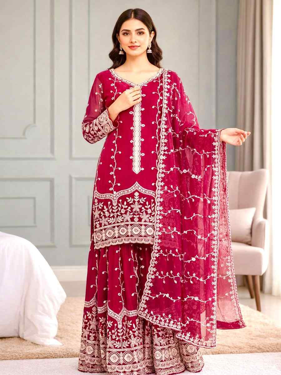 Pink Pure Fendy Silk Embroidery Party Wedding Festival Casual Ready Sharara Pant Salwar Kameez