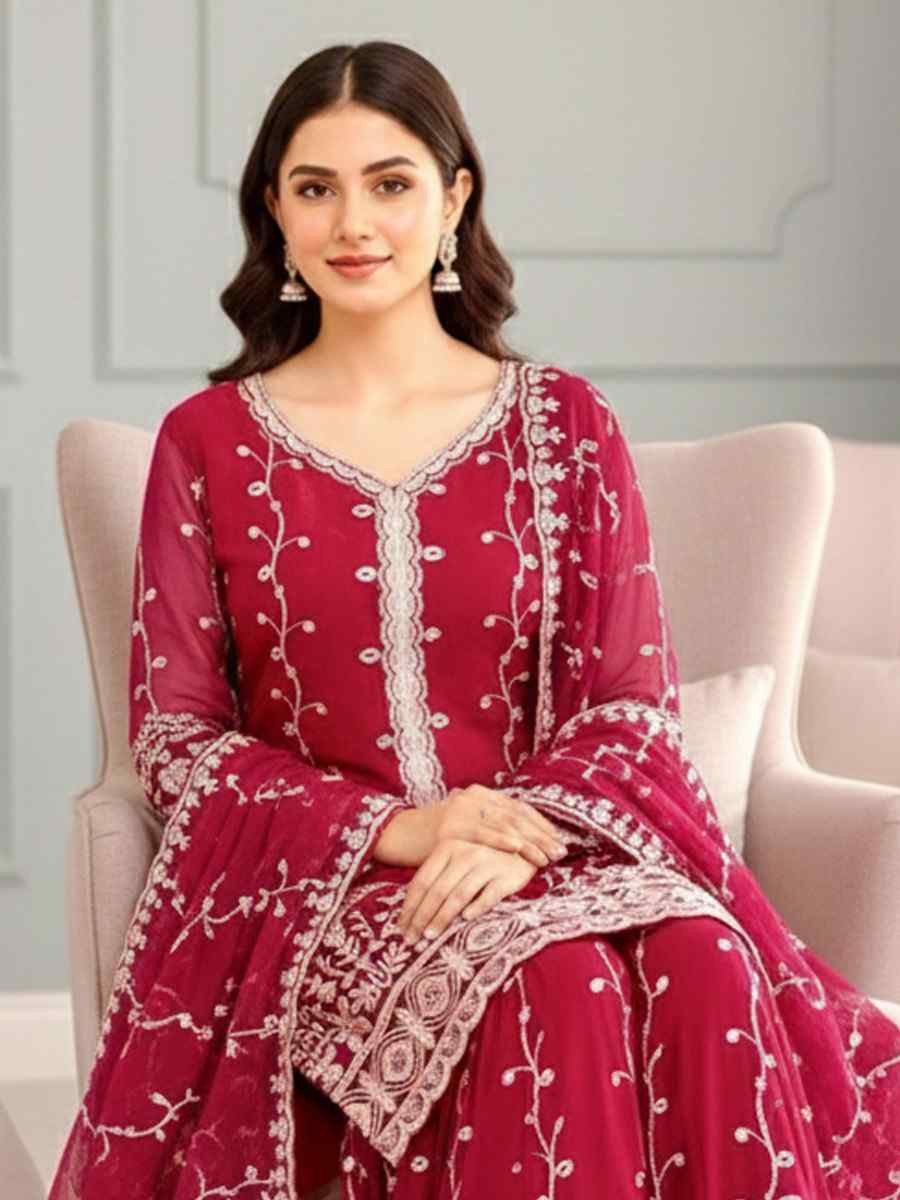 Pink Pure Fendy Silk Embroidery Party Wedding Festival Casual Ready Sharara Pant Salwar Kameez